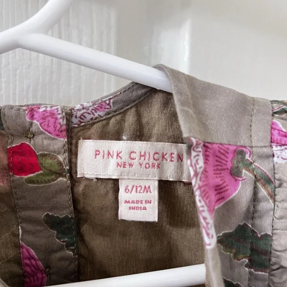 Pink Chicken Olive Green Floral Romper Side Bows Cotton Girls Size 6-12 Months